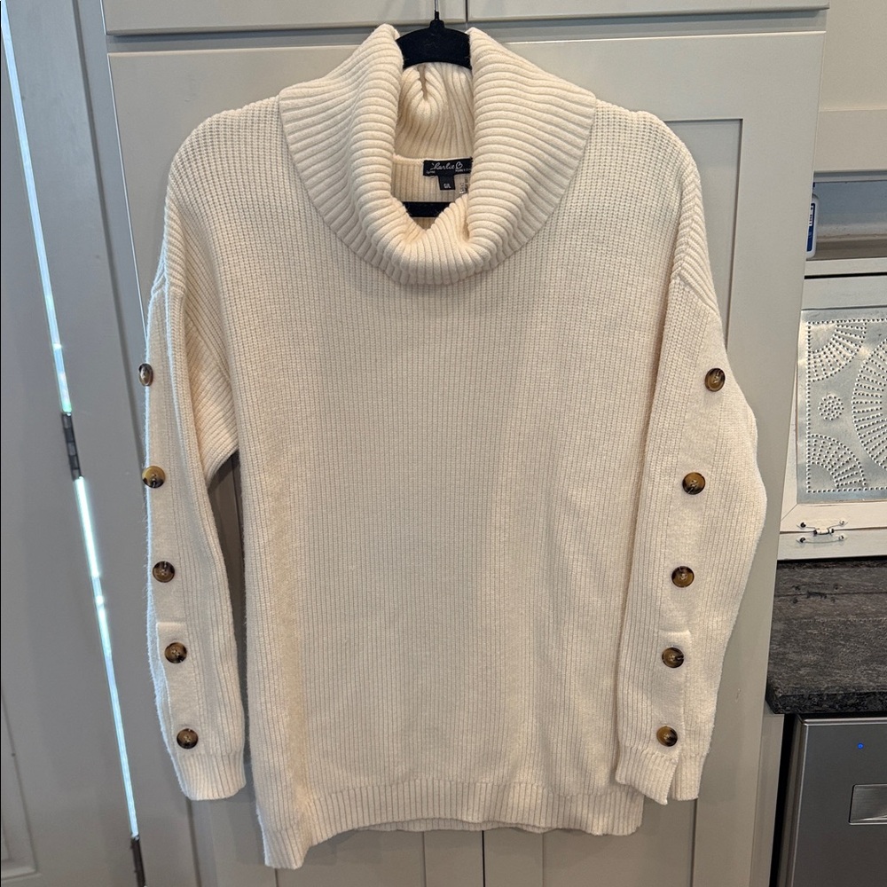 CHARLIE B Cream Cowl Neck Sweater with Button-Sleeve Detail